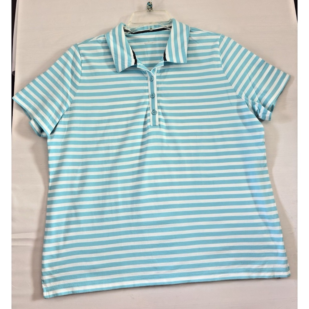 Lands End Women Aqua/White Stripe Polo‎ Button up Short Sleeve Activewear XL